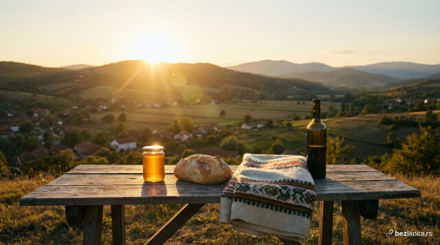 BezLanca - Slika domaćih proizvoda, med, domaći hleb, heklan šal i domaće vino. Pažljivo odabrani domaći preduzetnici.